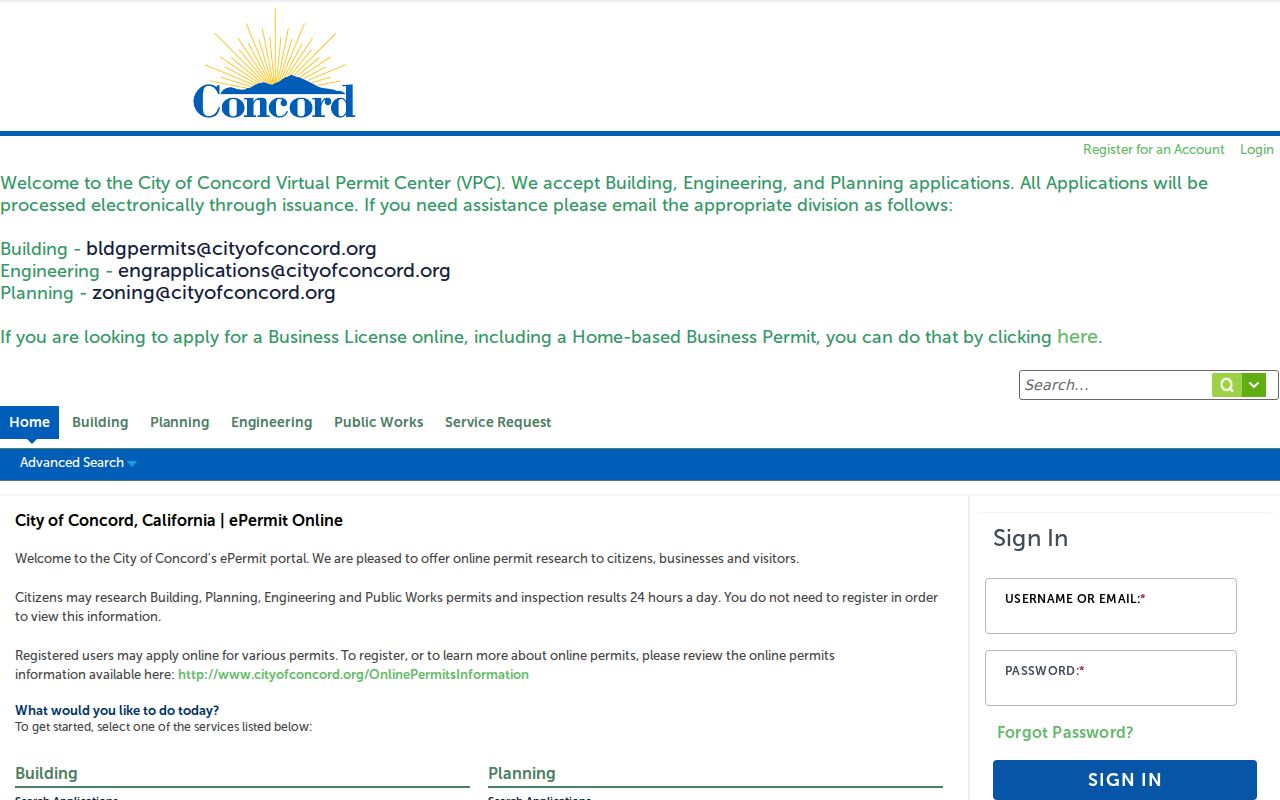 Concord street directory permit search by address in the Accela portal